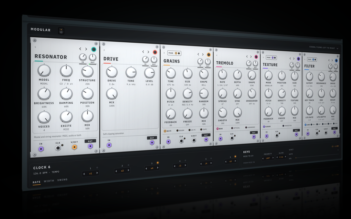 SynthSYS modular effects rack, cinematic angle