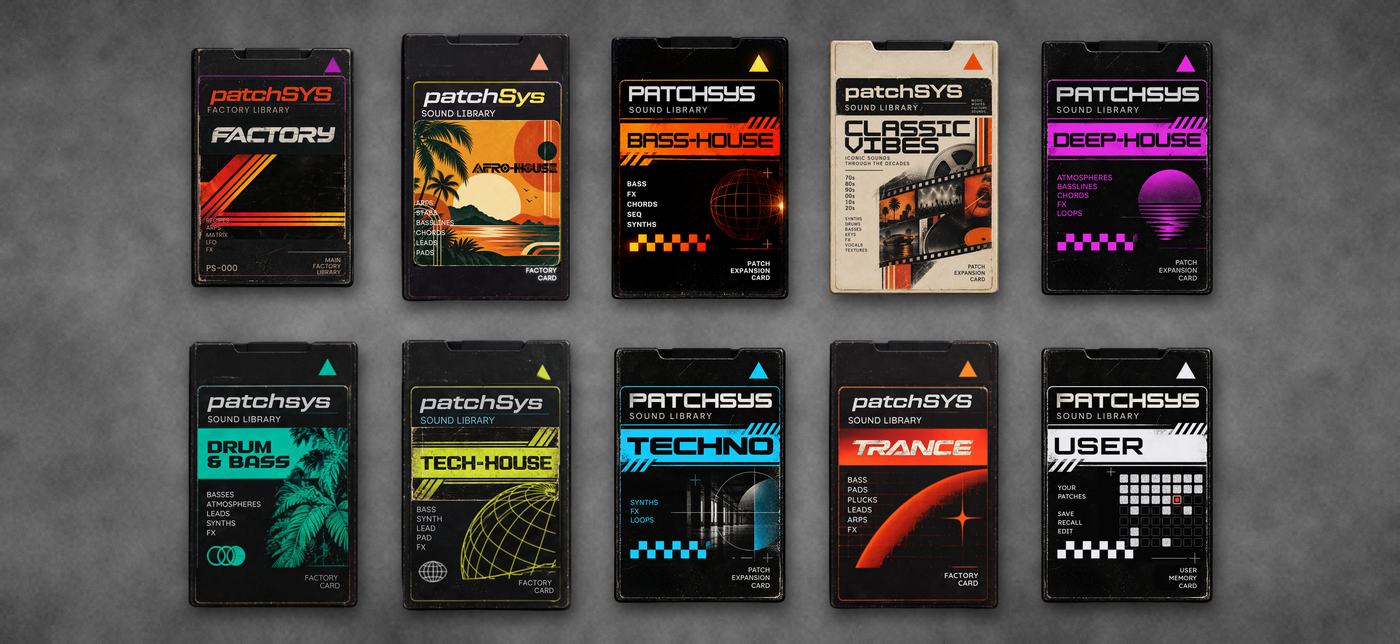 The SynthSYS expansion cartridges: Factory, Afro House, Bass House, Classic Vibes, Deep House, Drum and Bass, Tech House, Techno, Trance and User
