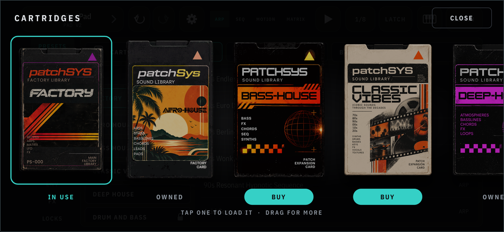 SynthSYS on iPhone: Cartridges: tap one to load it